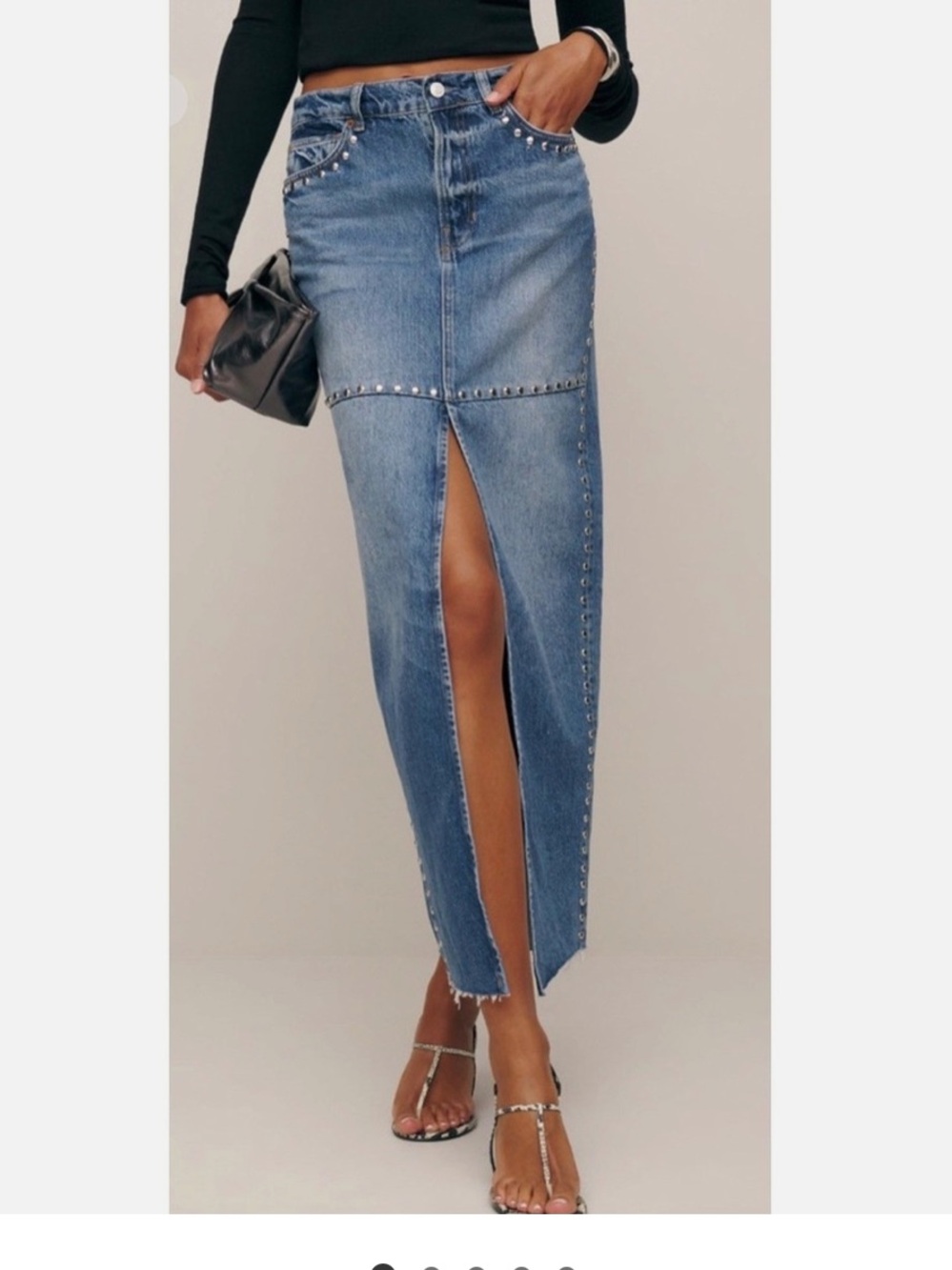 Reformation Tazz Max Denim Skirt Studded Denim Maxi Skirt Blue Waist 24 NWT